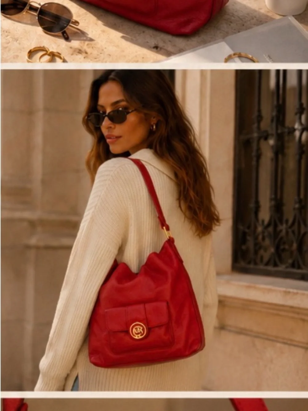 Michael Kors Red Leather Hobo with Gold Logo Accent